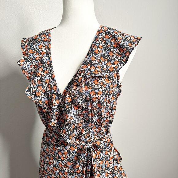 Max Studio Black Ditsy Floral Ruffle Tie Waist Wrap Dress women’s size Medium - Picture 3 of 8